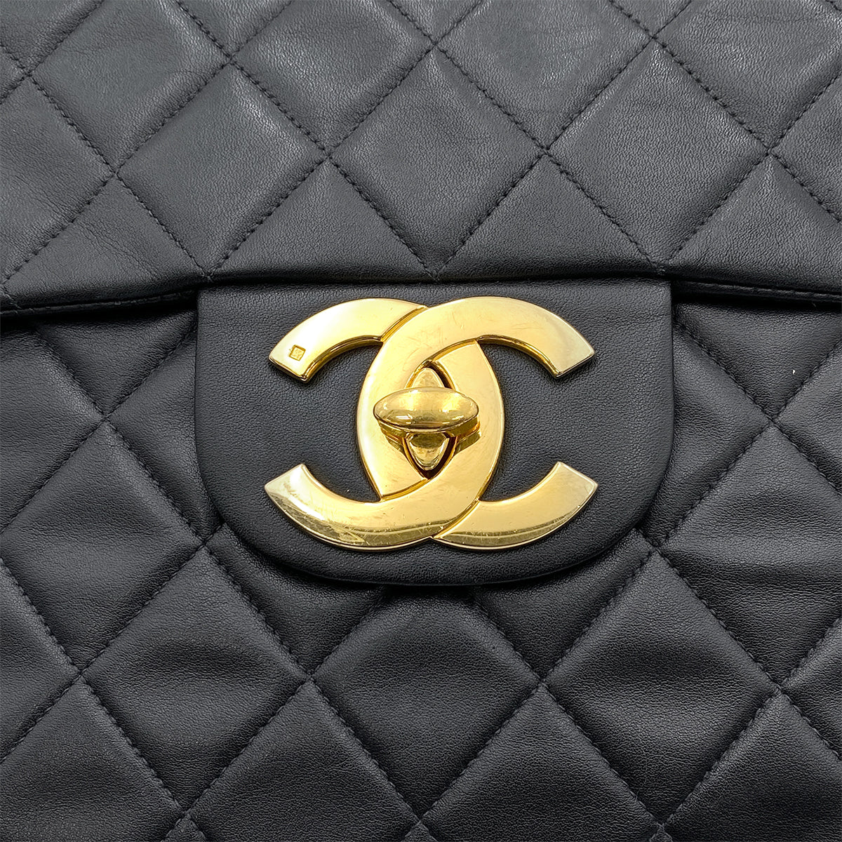 CHANEL VINTAGE MAXI MATELASSE 34 CHAIN SHOULDER BAG BLACK LAMB SKIN 90262343