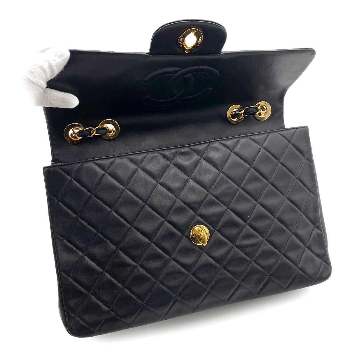 CHANEL VINTAGE MAXI MATELASSE 34 CHAIN SHOULDER BAG BLACK LAMB SKIN 90262343