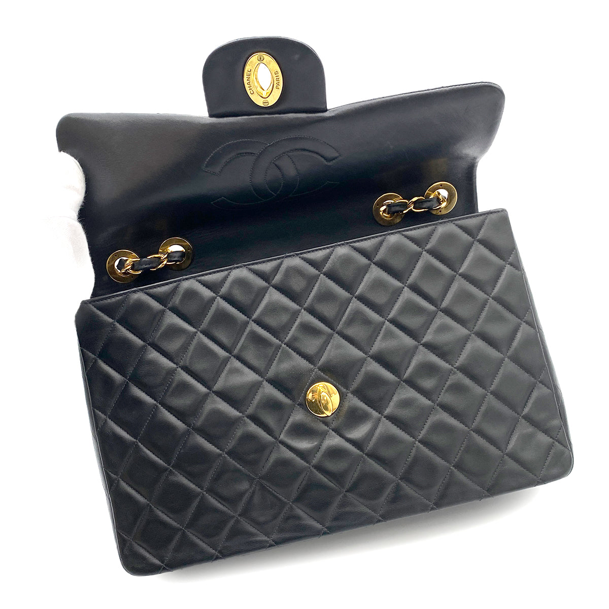 CHANEL VINTAGE MAXI MATELASSE 34 CHAIN SHOULDER BAG BLACK LAMB SKIN 90262346