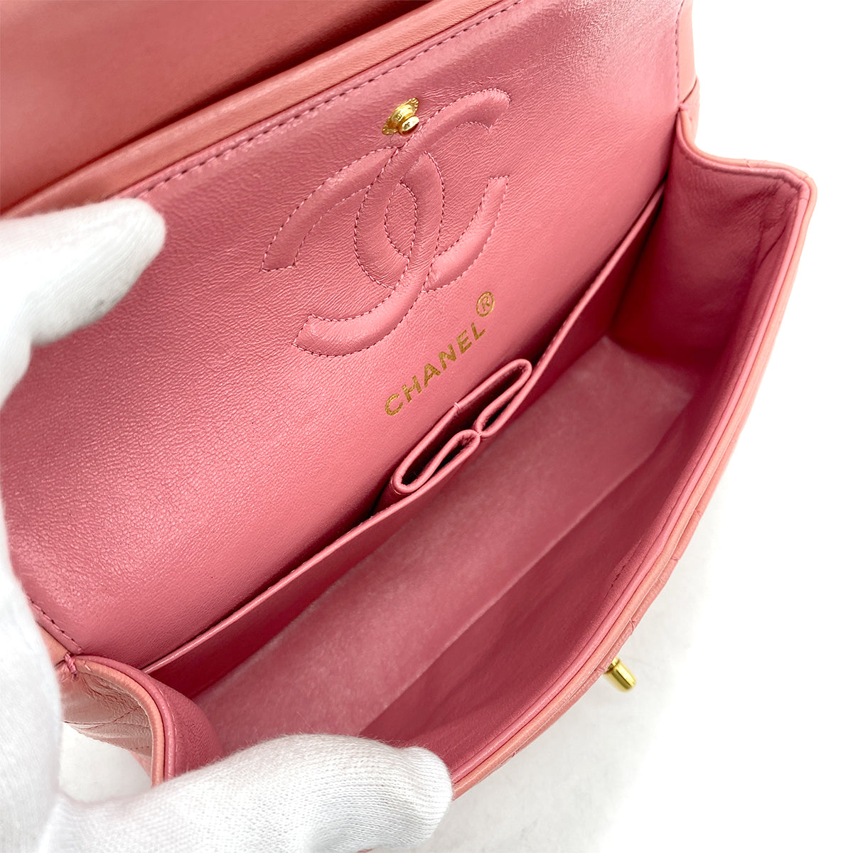 CHANEL VINTAGE CLASSIC FLAP SMALL CHAIN SHOULDER BAG PINK LAMB SKIN 90262348