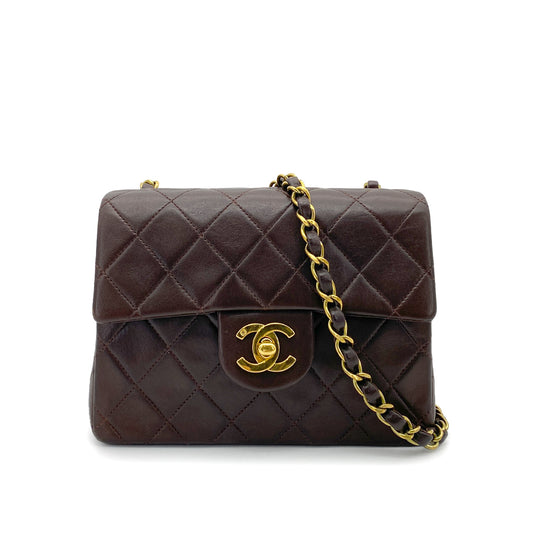CHANEL VINTAGE MINI SQUARE 17 CHAIN SHOULDER BAG BROWN LAMB SKIN 90262355
