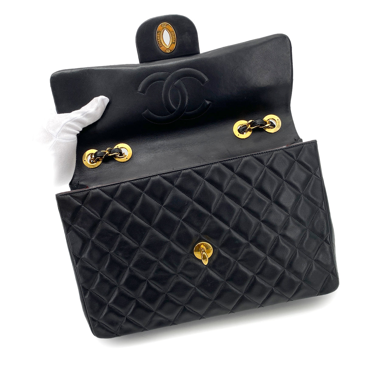 CHANEL VINTAGE MAXI MATELASSE 34 CHAIN SHOULDER BAG BLACK LAMB SKIN 90262363