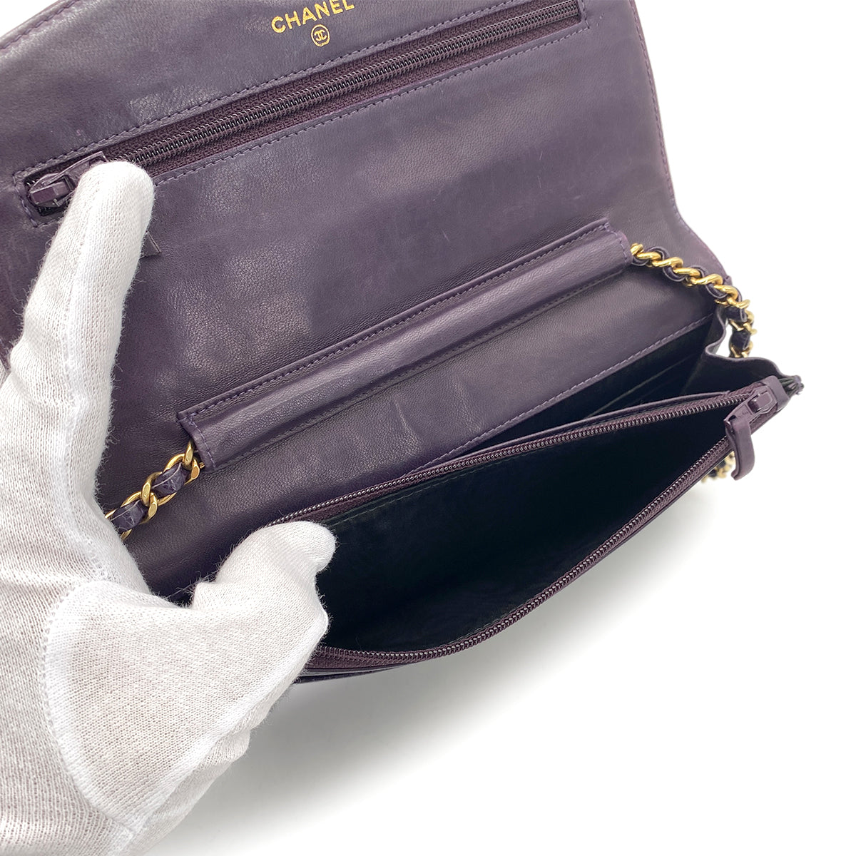 CHANEL VINTAGE CHAIN SHOULDER WALLET PURPLE CAVIAR SKIN 90262373