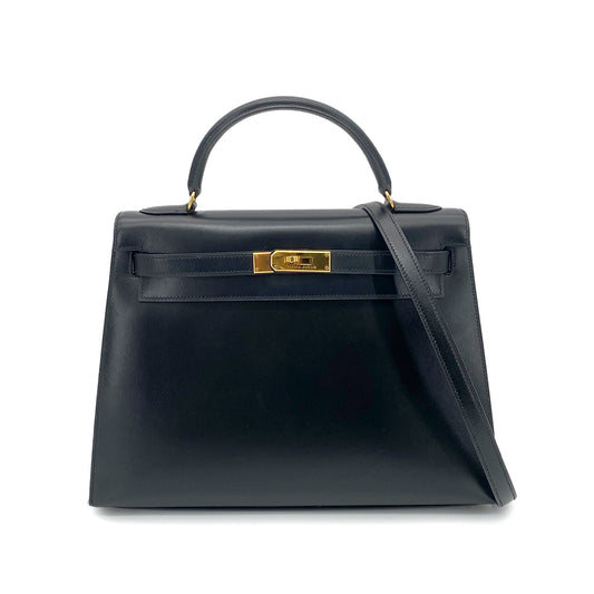 HERMES KELLY 32 SELLIER BLACK BOX CALF HAND SHOULDER BAG 〇A GHW 90262376