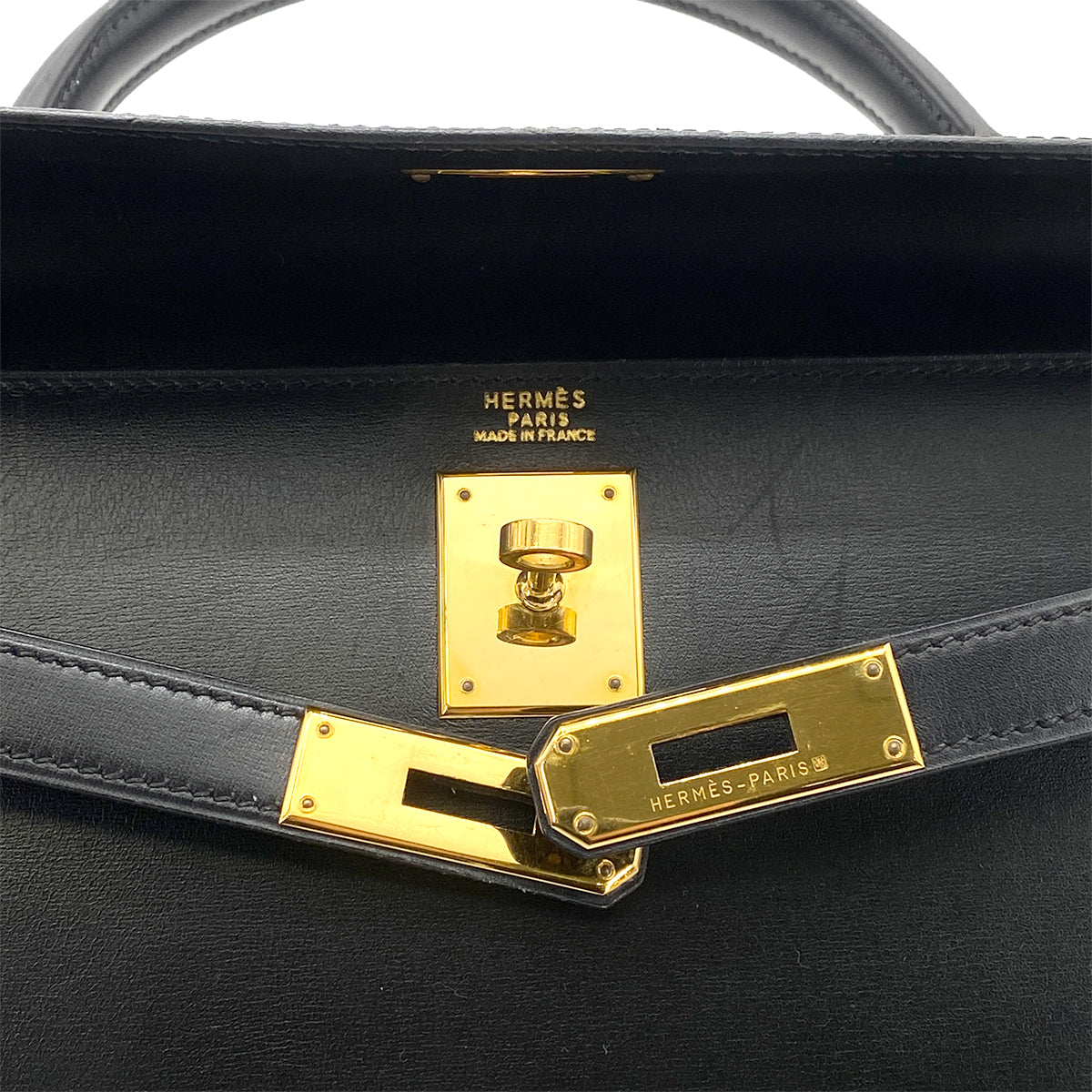 HERMES KELLY 32 SELLIER BLACK BOX CALF HAND SHOULDER BAG 〇A GHW 90262376