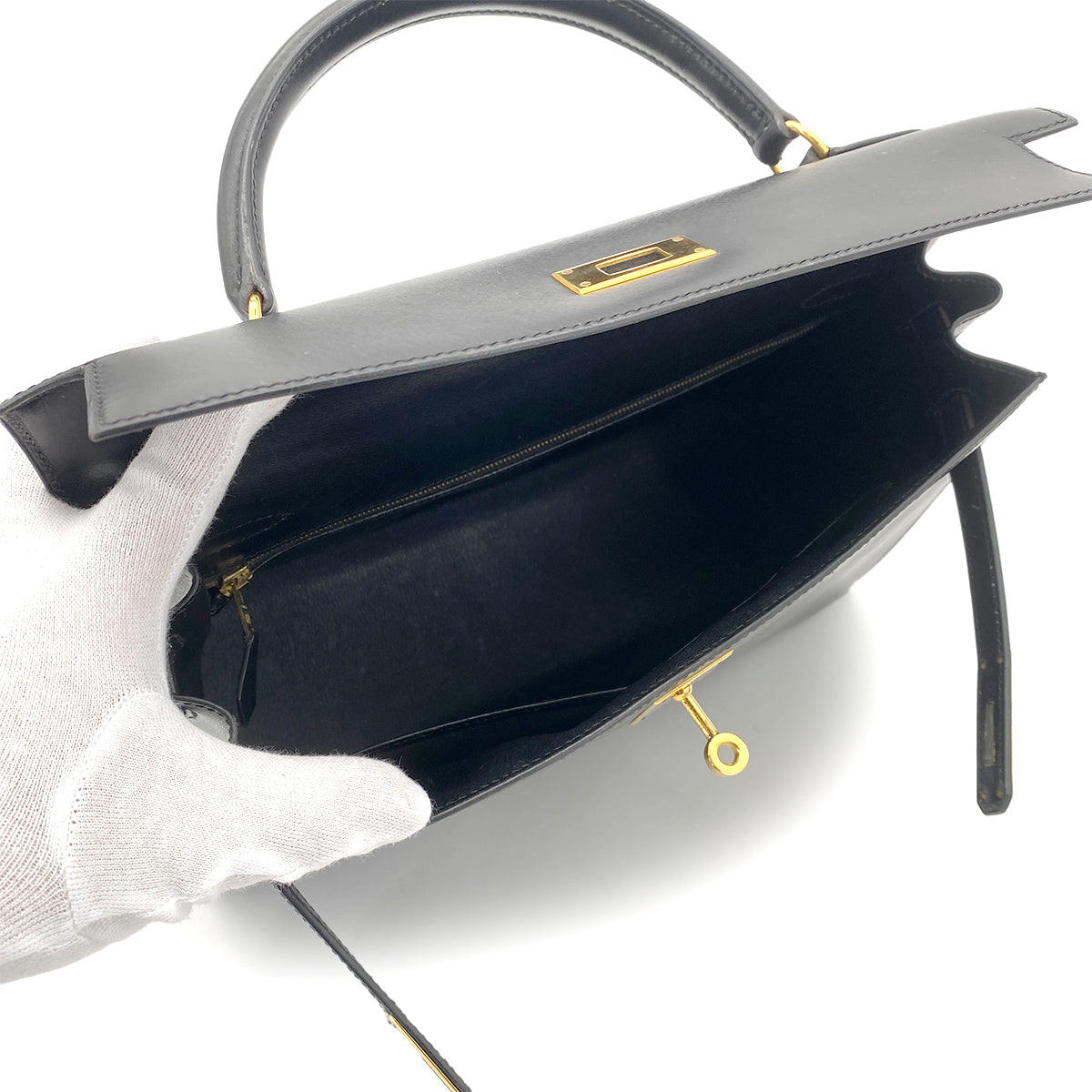 HERMES KELLY 32 SELLIER BLACK BOX CALF HAND SHOULDER BAG 〇A GHW 90262376