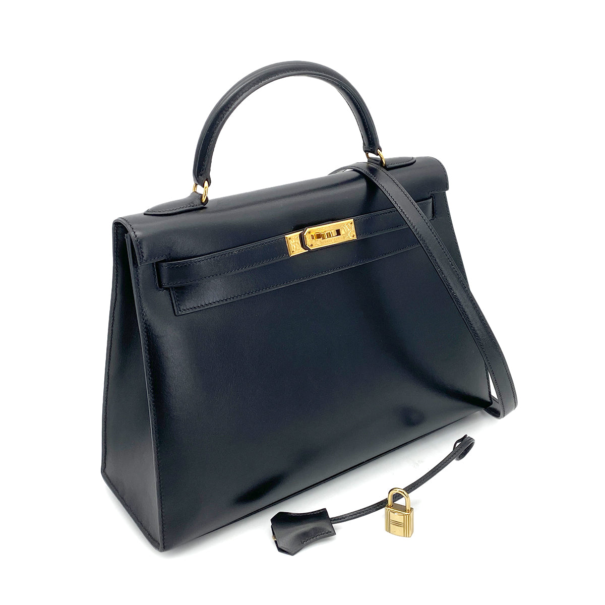 HERMES KELLY 32 SELLIER BLACK BOX CALF HAND SHOULDER BAG 〇A GHW 90262376
