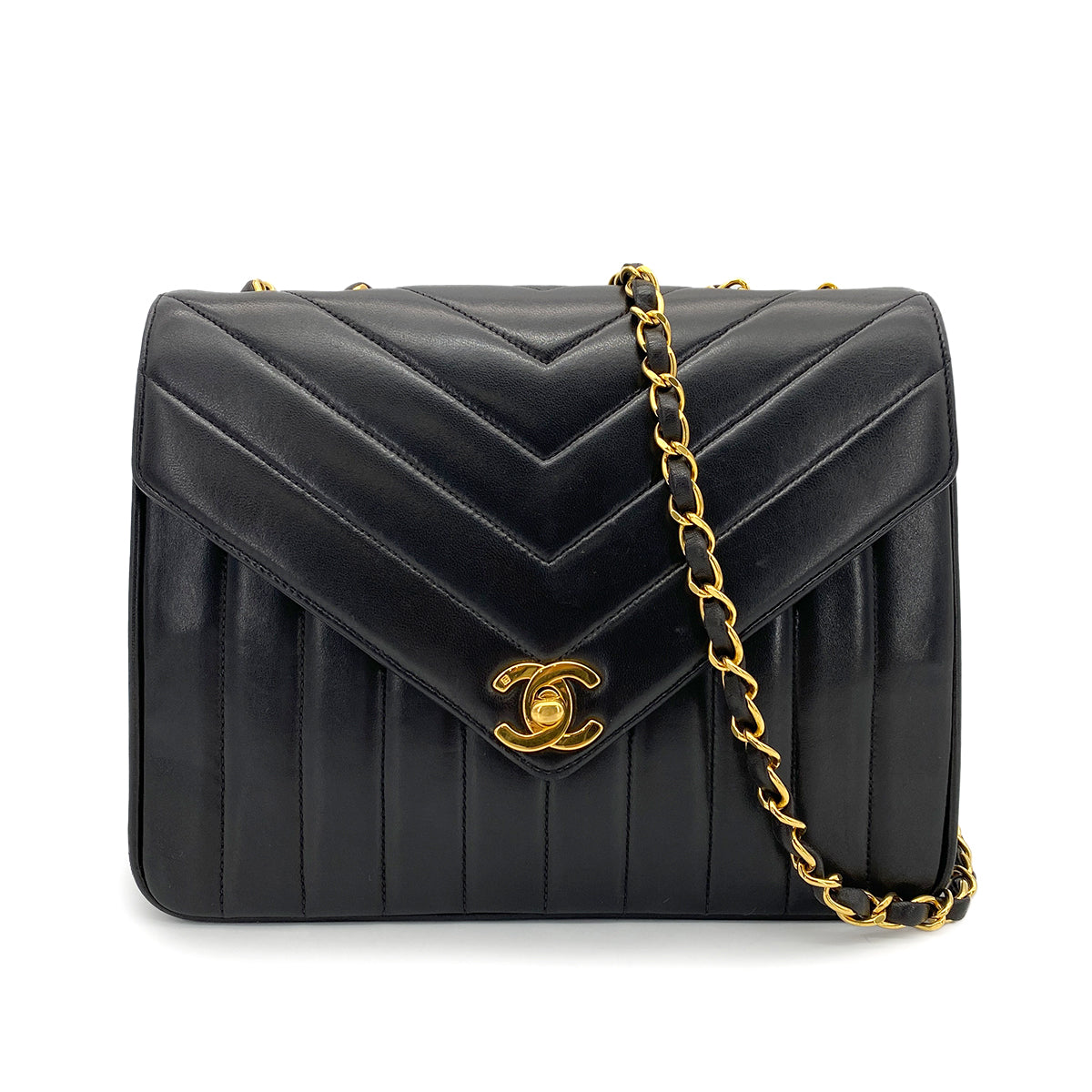 CHANEL VINTAGE CHEVRON CHAIN SHOULDER BAG BLACK LAMB SKIN 90262844