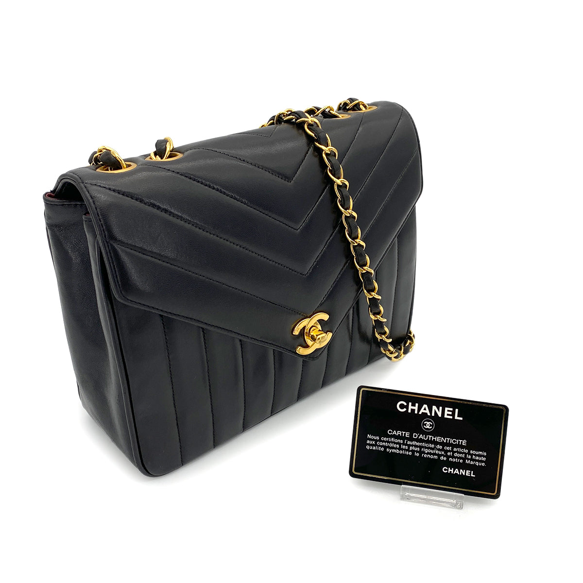 CHANEL VINTAGE CHEVRON CHAIN SHOULDER BAG BLACK LAMB SKIN 90262844