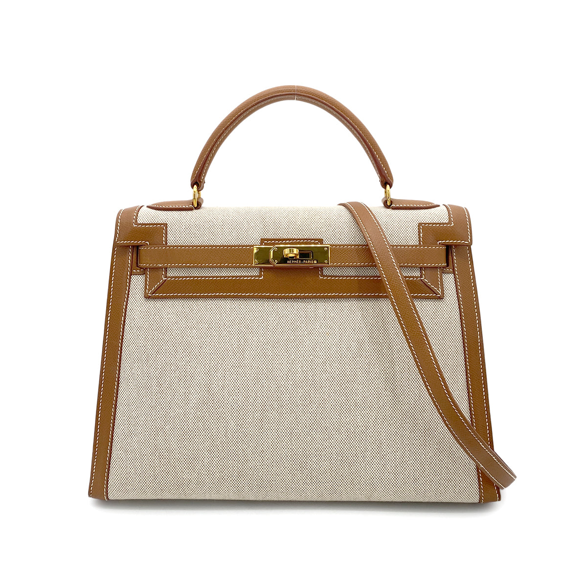 HERMES KELLY 32 GOLD COUCHVEL TOILE H HAND SHOULDER BAG □B GHW 90262851