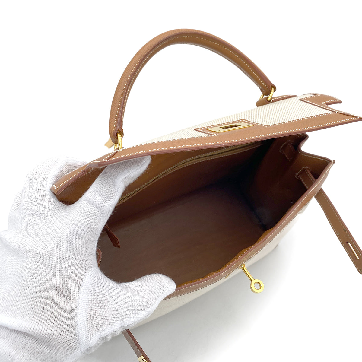 HERMES KELLY 32 GOLD COUCHVEL TOILE H HAND SHOULDER BAG □B GHW 90262851