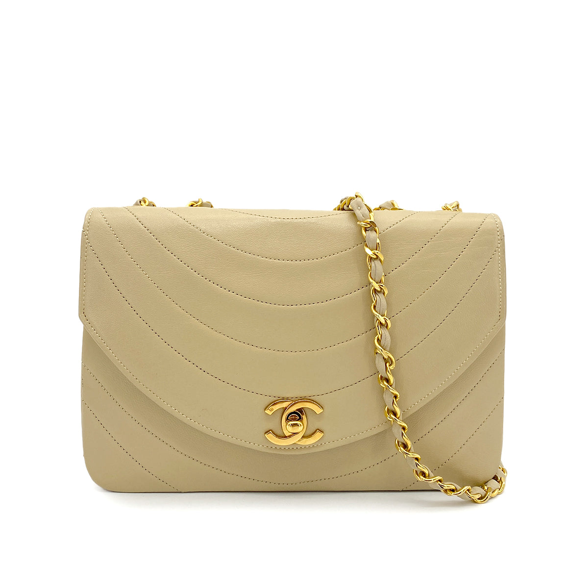 CHANEL VINTAGE HALF MOON CHAIN SHOULDER BAG BEIGE LAMB SKIN 90263077