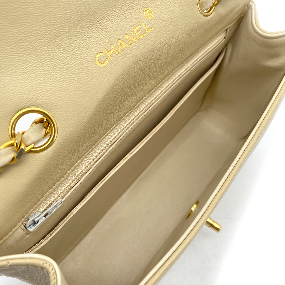 CHANEL VINTAGE HALF MOON CHAIN SHOULDER BAG BEIGE LAMB SKIN 90263077