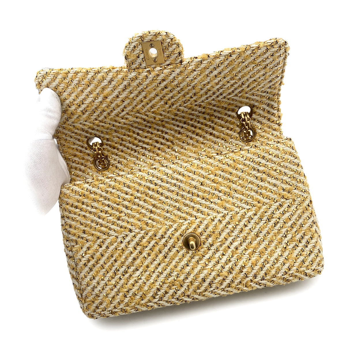 CHANEL VINTAGE CLASSIC FLAP MEDIUM CHAIN SHOULDER BAG BEIGE WHITE TWEED 90263081