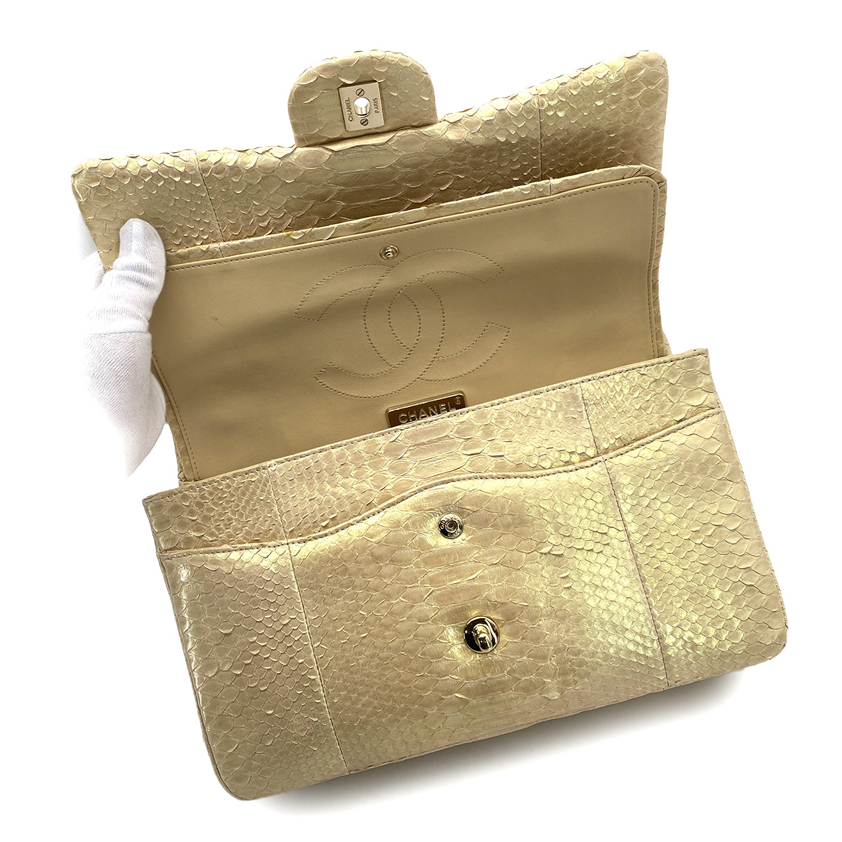 CHANEL VINTAGE CHAIN SHOULDER BAG BEIGE PYTHON 90263091