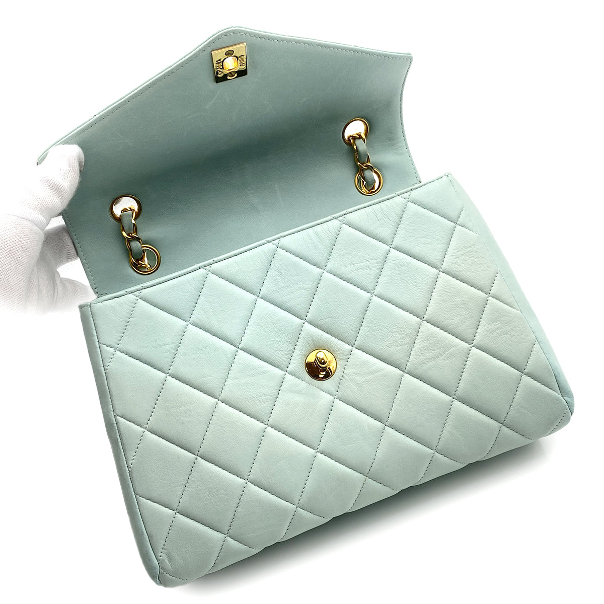 CHANEL VINTAGE MATELASSE CHAIN SHOULDER BAG LIGHT BLUE LAMB SKIN 90263219