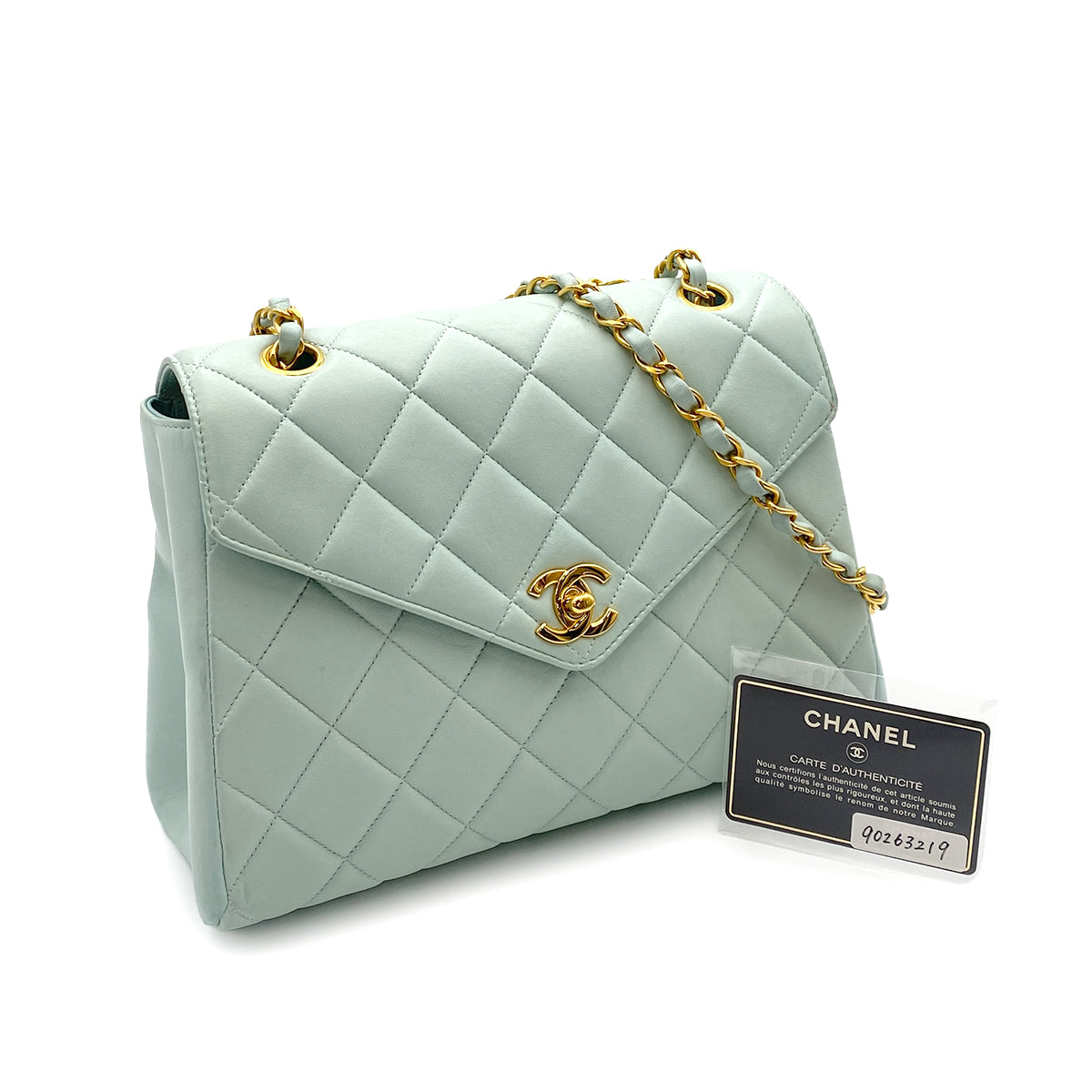 CHANEL VINTAGE MATELASSE CHAIN SHOULDER BAG LIGHT BLUE LAMB SKIN 90263219