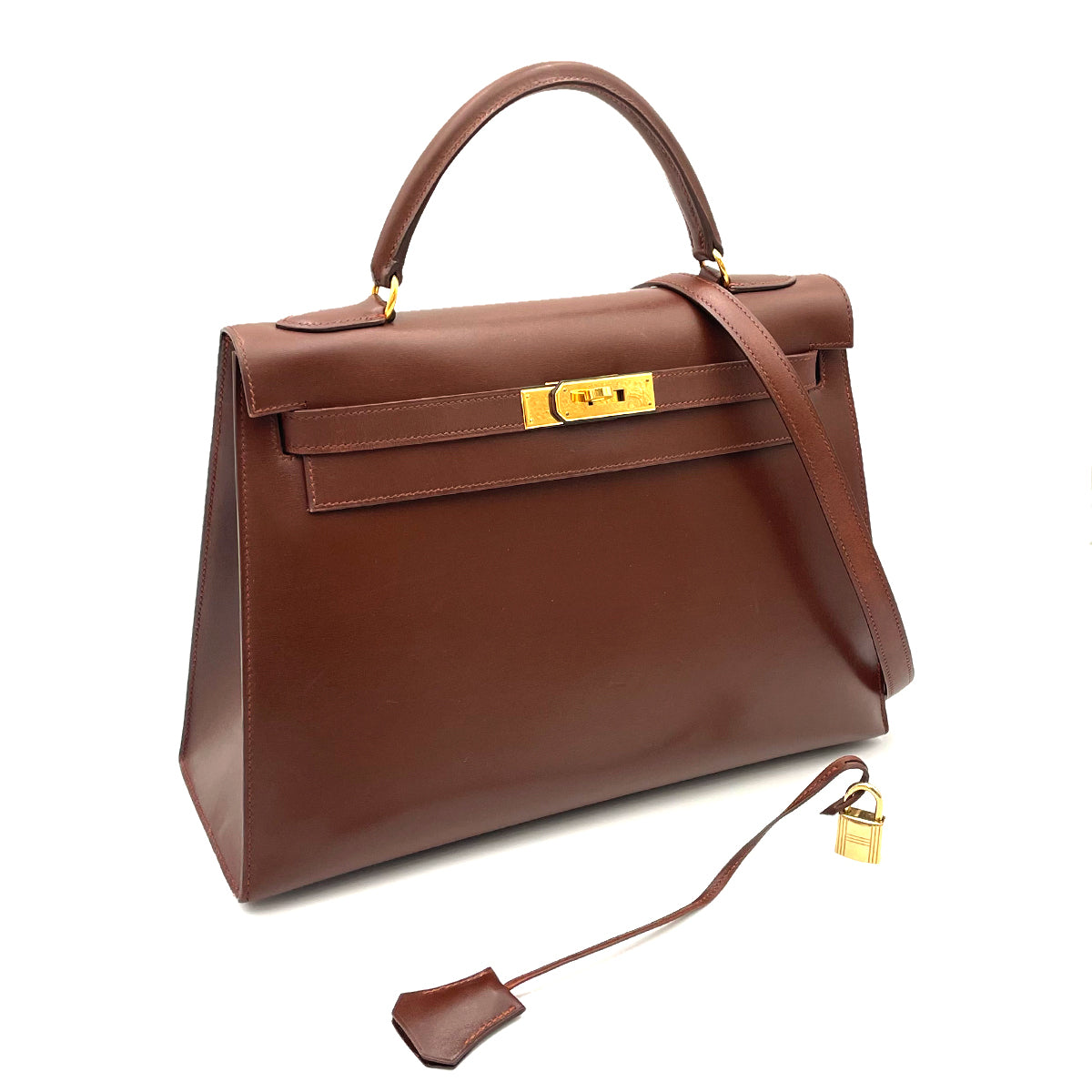 HERMES KELLY 32 SELLIER BROWN BOX CALF HAND SHOULDER BAG □B 90263223