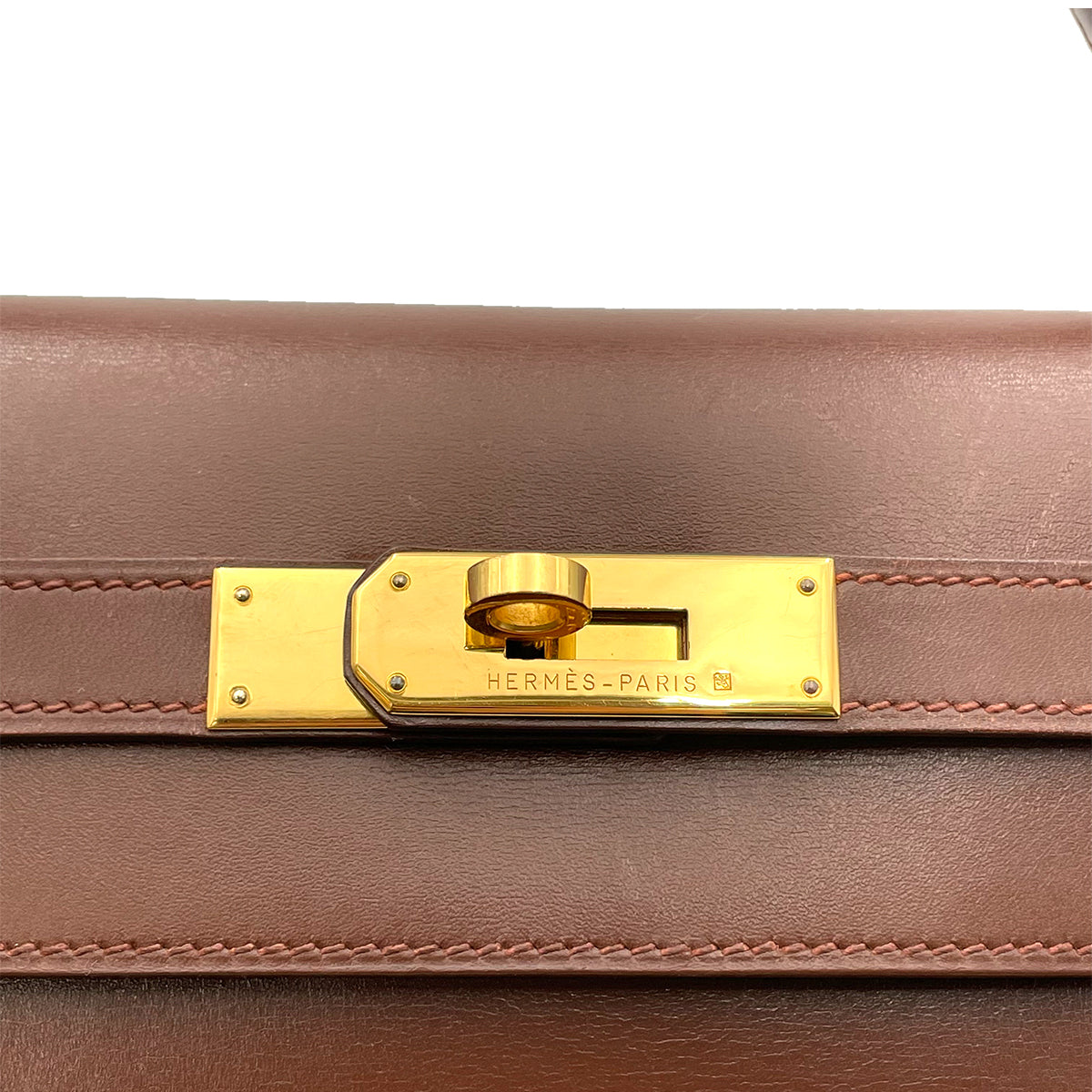 HERMES KELLY 32 SELLIER BROWN BOX CALF HAND SHOULDER BAG □B 90263223