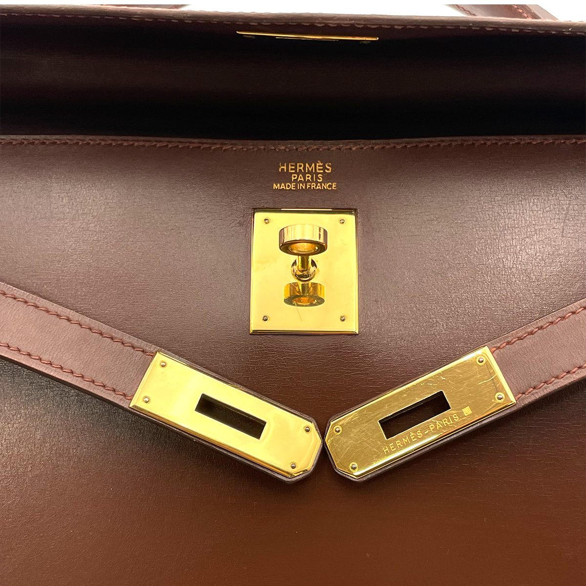 HERMES KELLY 32 SELLIER BROWN BOX CALF HAND SHOULDER BAG □B 90263223