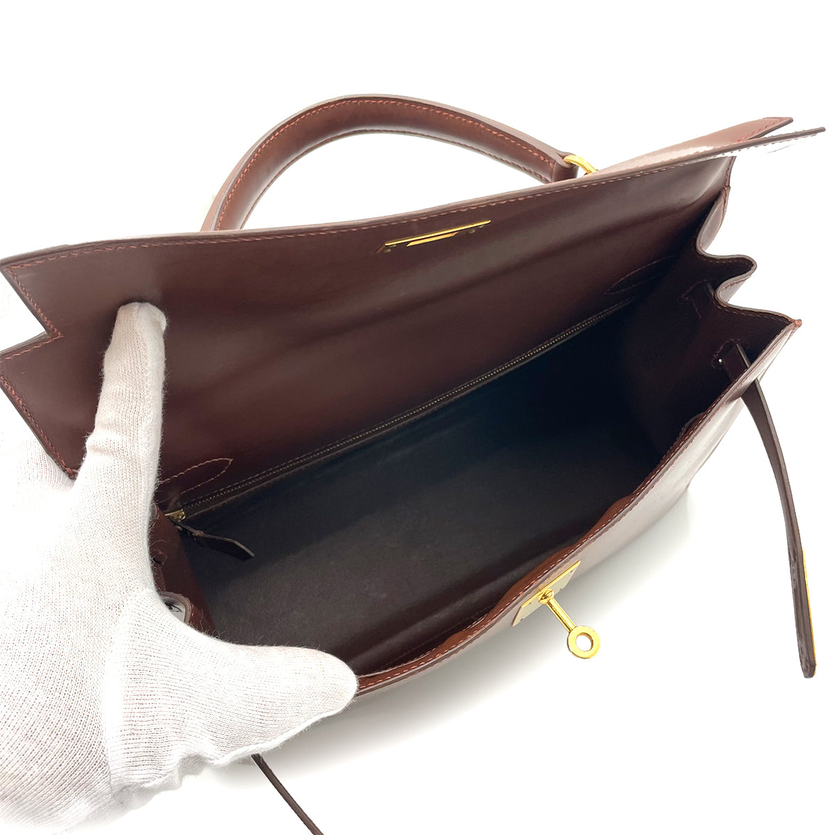 HERMES KELLY 32 SELLIER BROWN BOX CALF HAND SHOULDER BAG □B 90263223