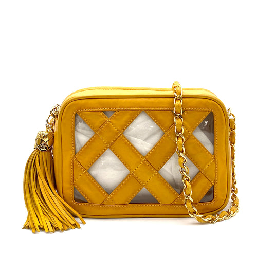 CHANEL VINTAGE FRINGE CHAIN SHOULDER BAG YELLOW VINYL LAMB SKIN 90263233