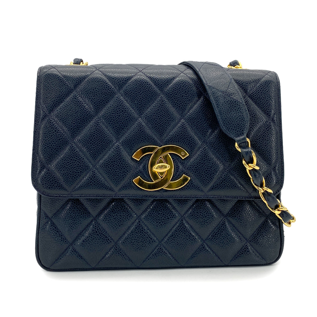 CHANEL VINTAGE MATELASSE SHOULDER BAG NAVY CAVIAR SKIN 90263311