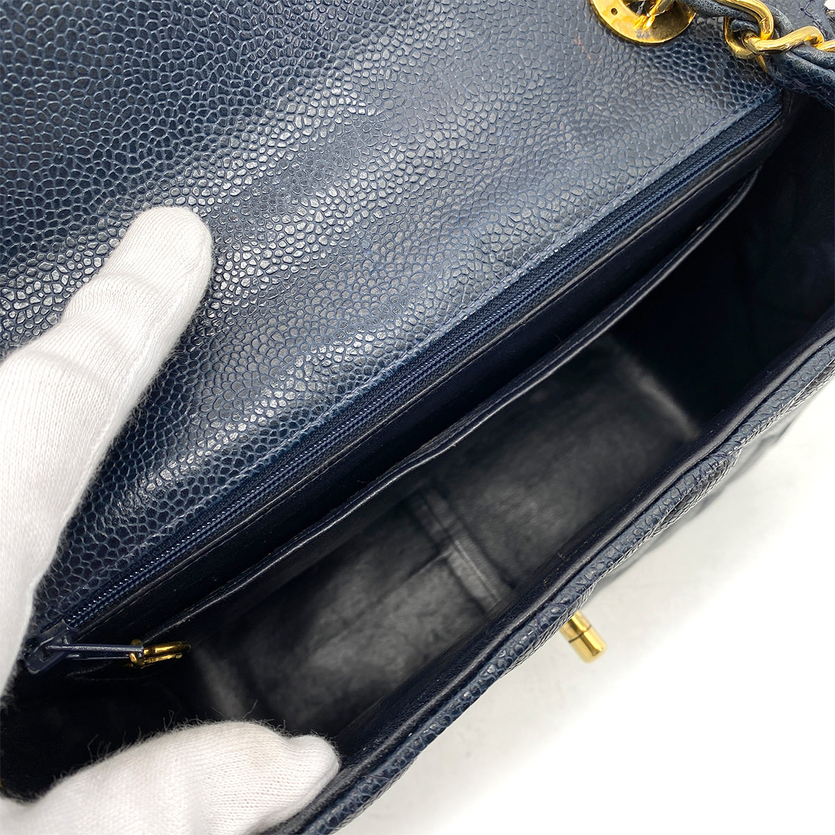 CHANEL VINTAGE MATELASSE SHOULDER BAG NAVY CAVIAR SKIN 90263311