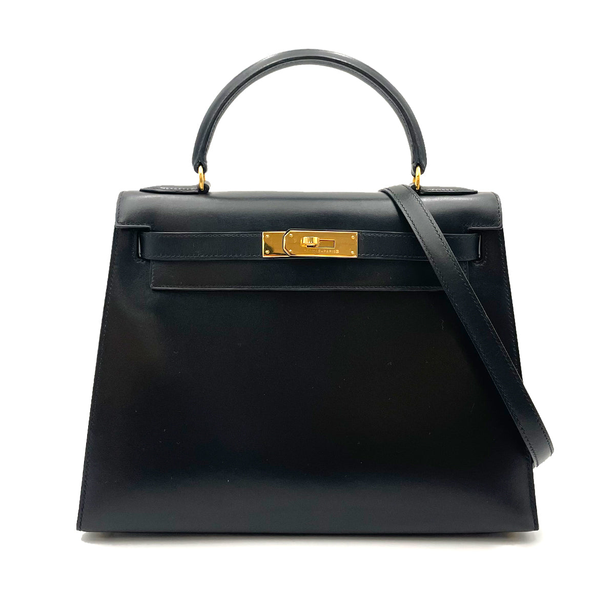 HERMES KELLY 28 SELLIER BLACK BOXCALF HAND SHOULDER BAG 〇Y 90263324