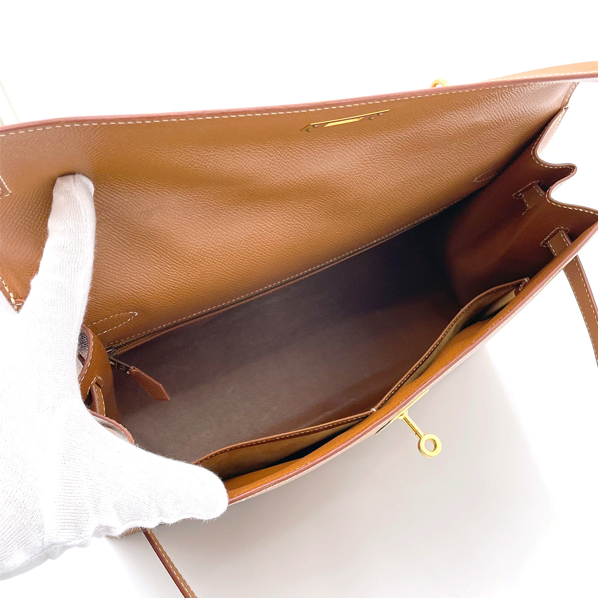 HERMES KELLY 32 SELLIER GOLD COUCHVEL HAND SHOULDER BAG □A 90263607