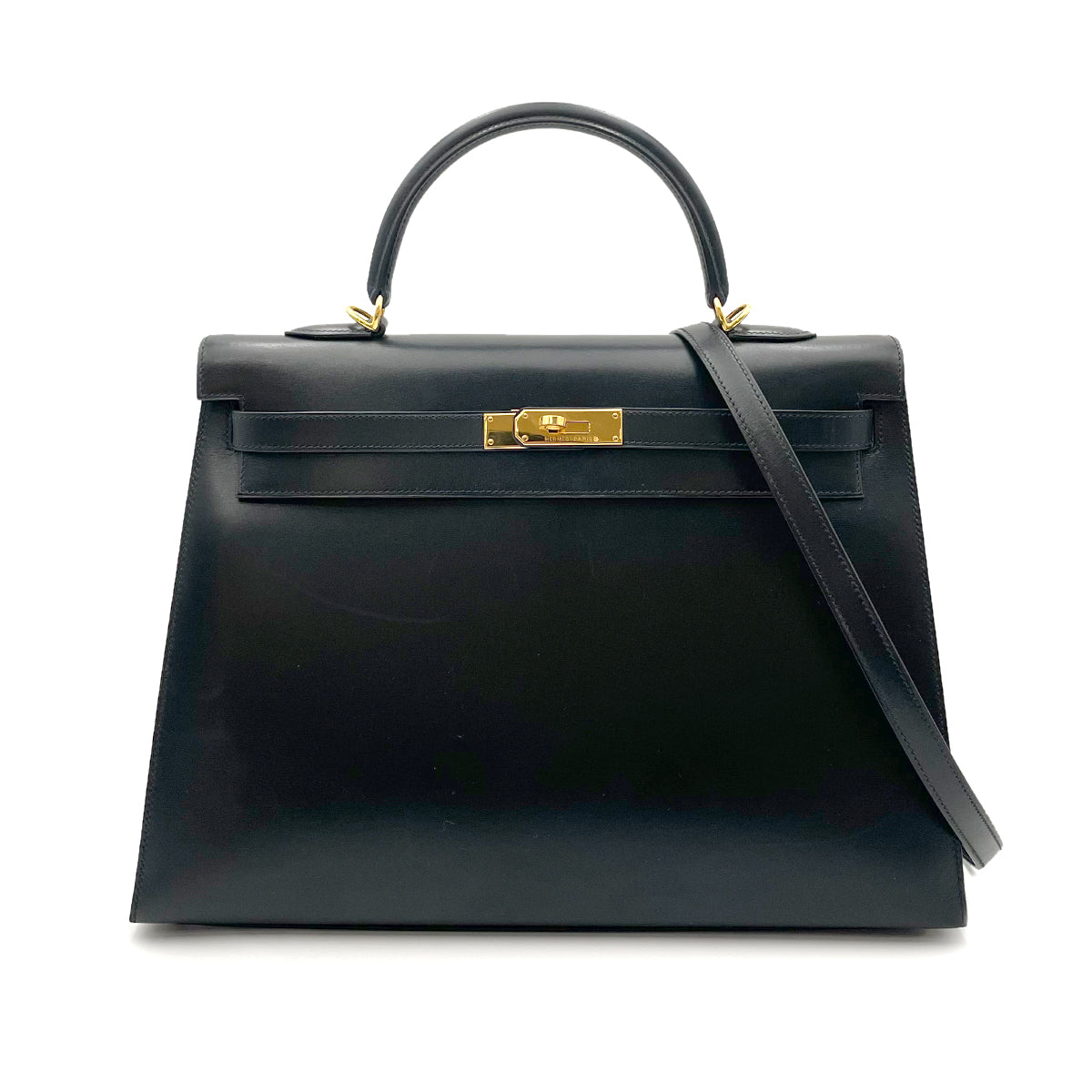 HERMES KELLY 35 SELLIER BLACK BOXCALF HAND SHOULDER BAG □E 90263639
