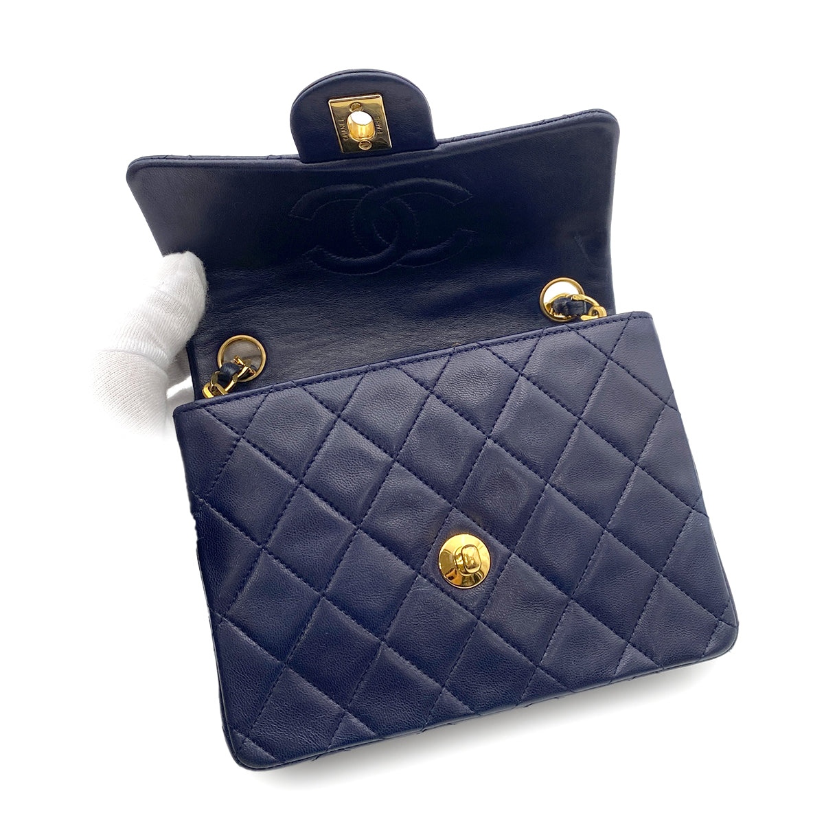 CHANEL VINTAGE MINI SQUARE 17 CHAIN SHOULDER BAG NAVY LAMB SKIN 90264360
