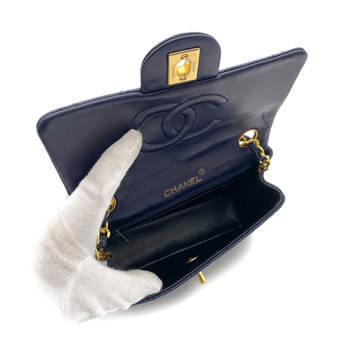 CHANEL VINTAGE MINI SQUARE 17 CHAIN SHOULDER BAG NAVY LAMB SKIN 90264360