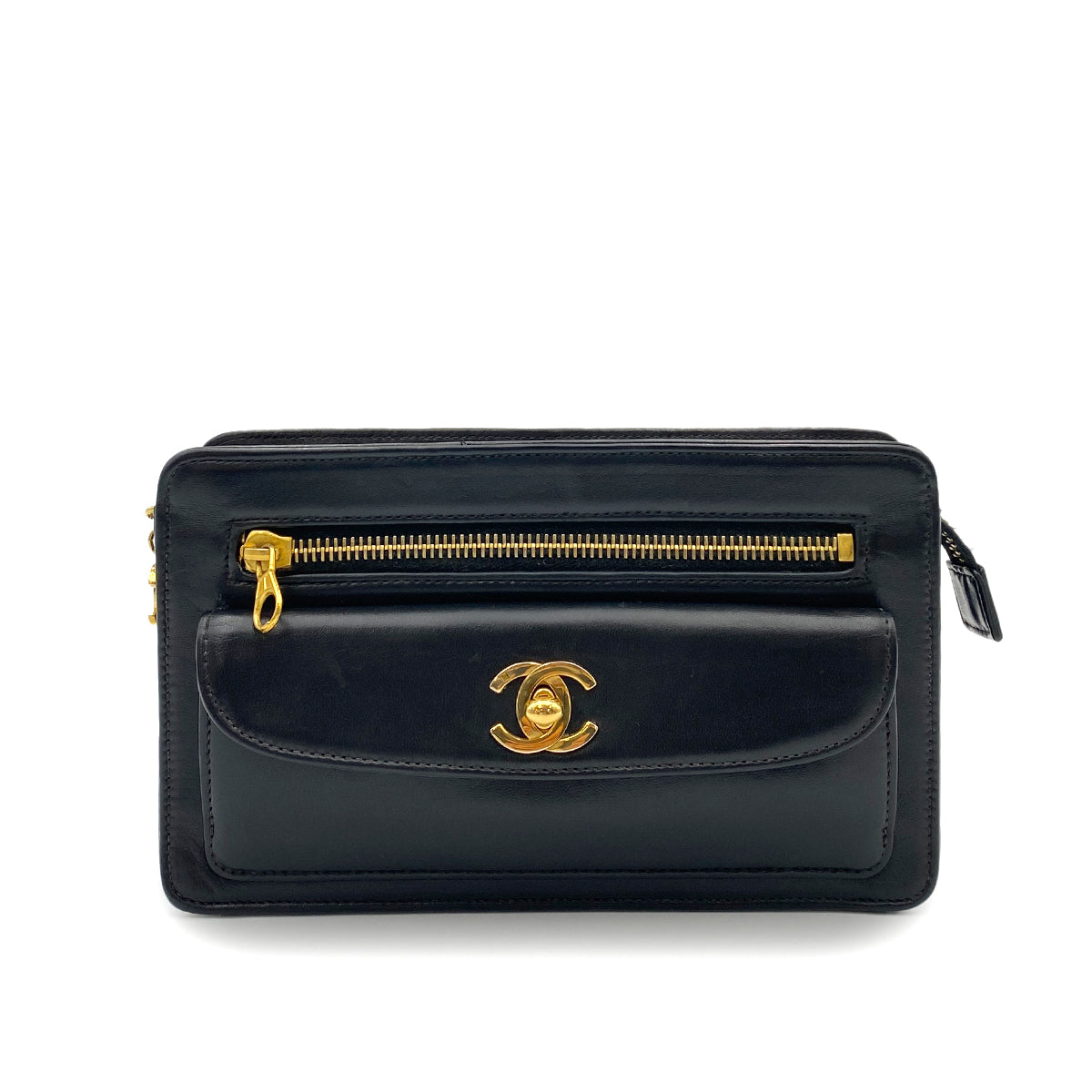 CHANEL VINTAGE CLUTCH BAG TURN LOCK BLACK LAMB SKIN 90264362