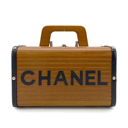 CHANEL VINTAGE WOOD VANITY HAND BAG WOOD LEATHER BROWN 90264374