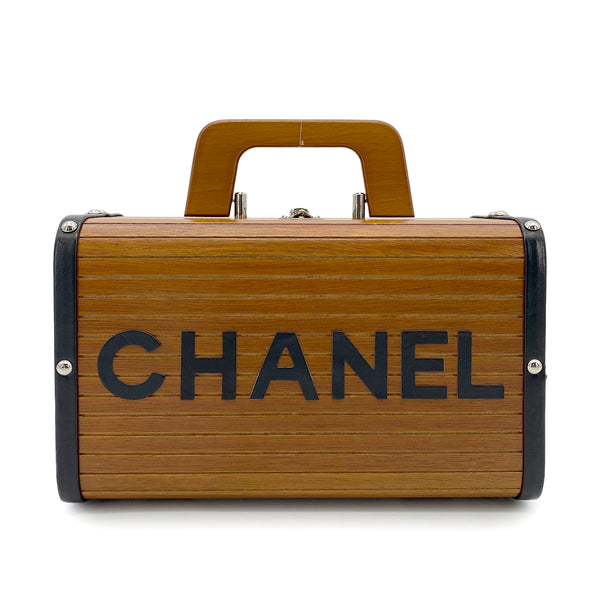 CHANEL VINTAGE WOOD VANITY HAND BAG WOOD LEATHER BROWN 90264374