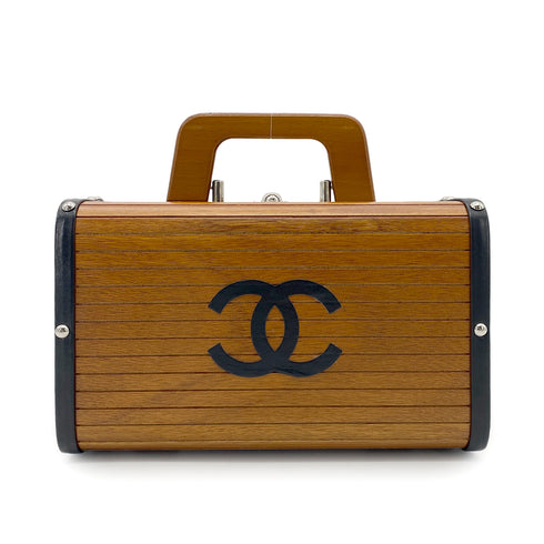 CHANEL VINTAGE WOOD VANITY HAND BAG WOOD LEATHER BROWN 90264374