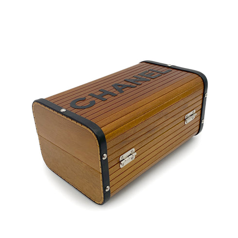 CHANEL VINTAGE WOOD VANITY HAND BAG WOOD LEATHER BROWN 90264374