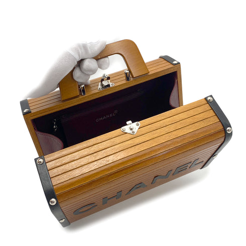 CHANEL VINTAGE WOOD VANITY HAND BAG WOOD LEATHER BROWN 90264374