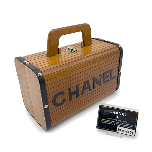 CHANEL VINTAGE WOOD VANITY HAND BAG WOOD LEATHER BROWN 90264374