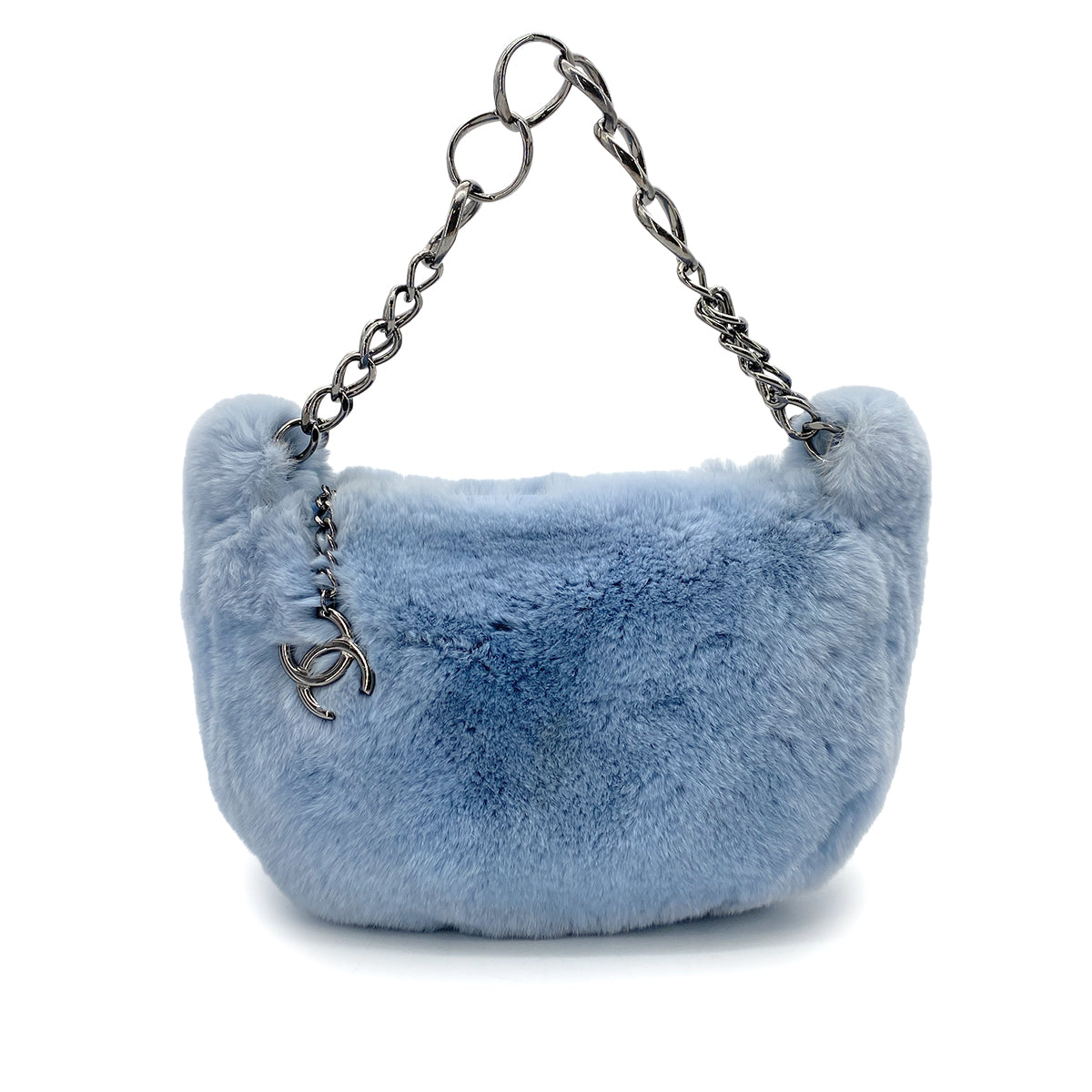 CHANEL VINTAGE CHAIN HAND BAG LIGHT BLUE RABBIT FUR 90264496