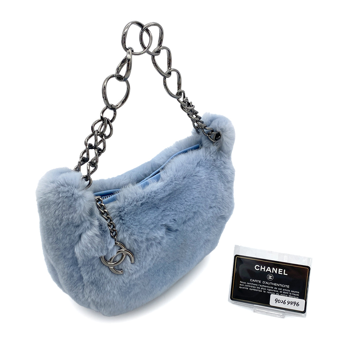 CHANEL VINTAGE CHAIN HAND BAG LIGHT BLUE RABBIT FUR 90264496
