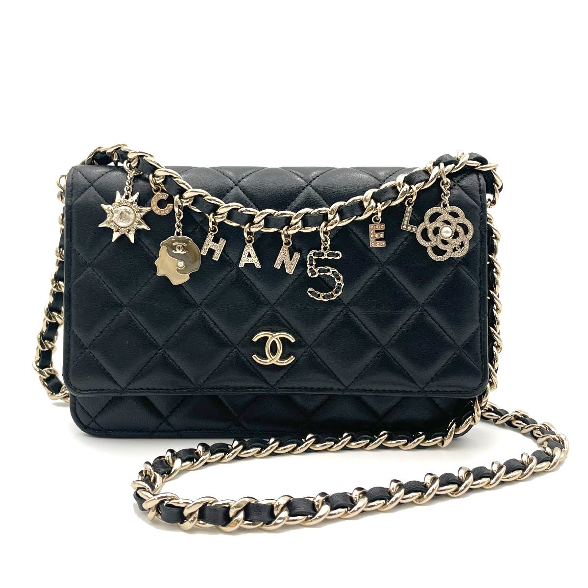 CHANEL ICON CHARM CHAIN WALLET SHOULDER BAG BLACK CALF SKIN 90264519