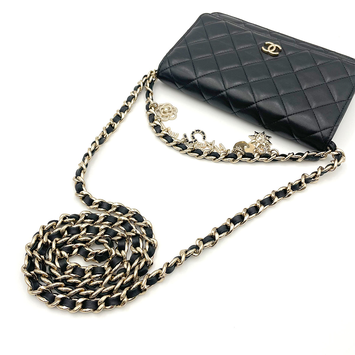 CHANEL ICON CHARM CHAIN WALLET SHOULDER BAG BLACK CALF SKIN 90264519