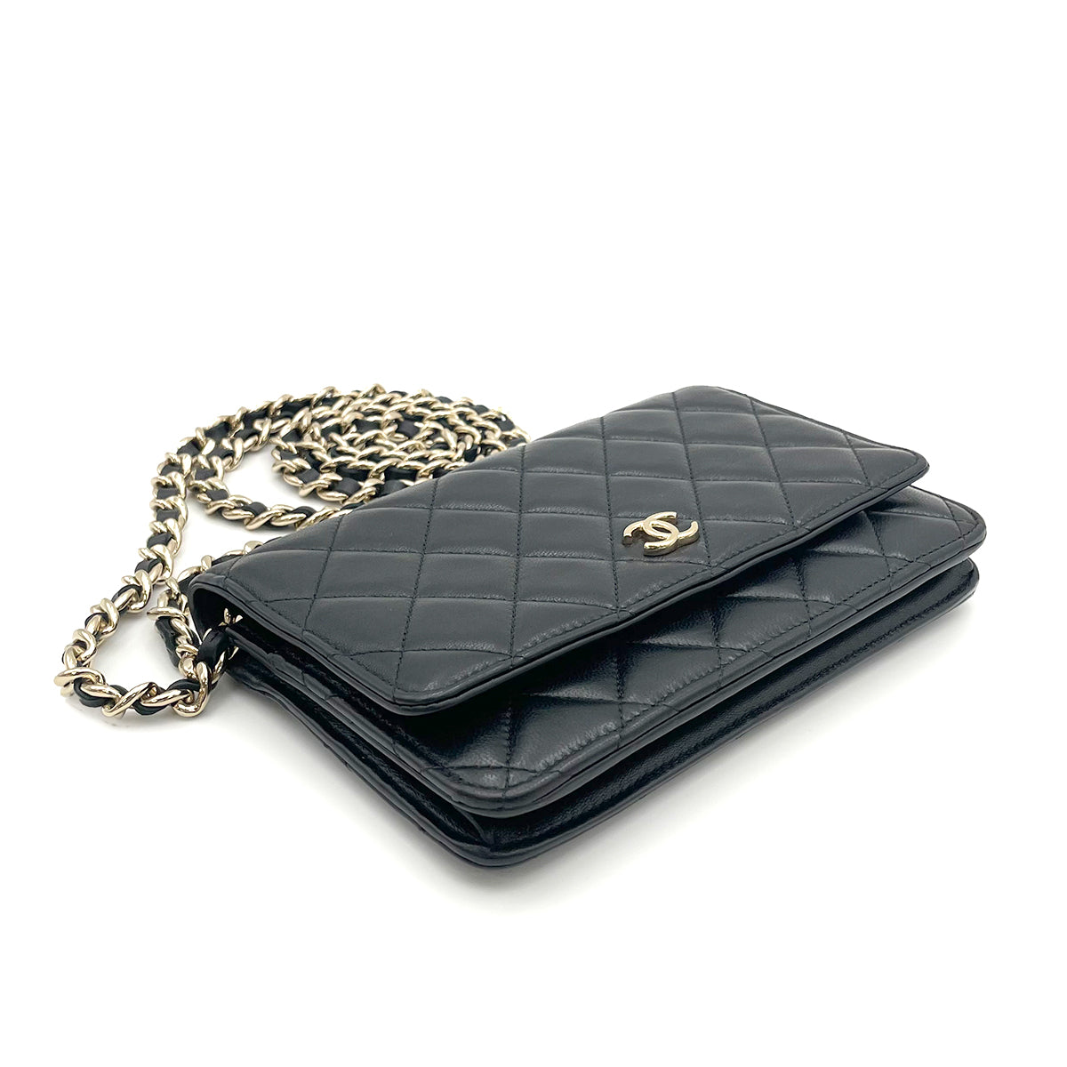 CHANEL ICON CHARM CHAIN WALLET SHOULDER BAG BLACK CALF SKIN 90264519