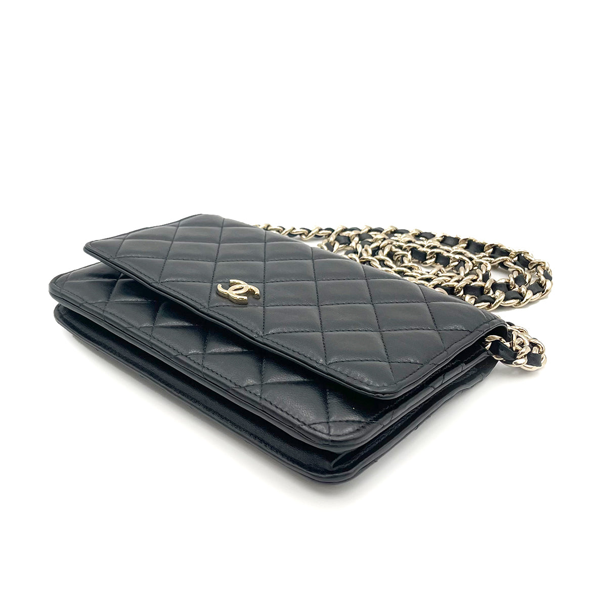 CHANEL ICON CHARM CHAIN WALLET SHOULDER BAG BLACK CALF SKIN 90264519