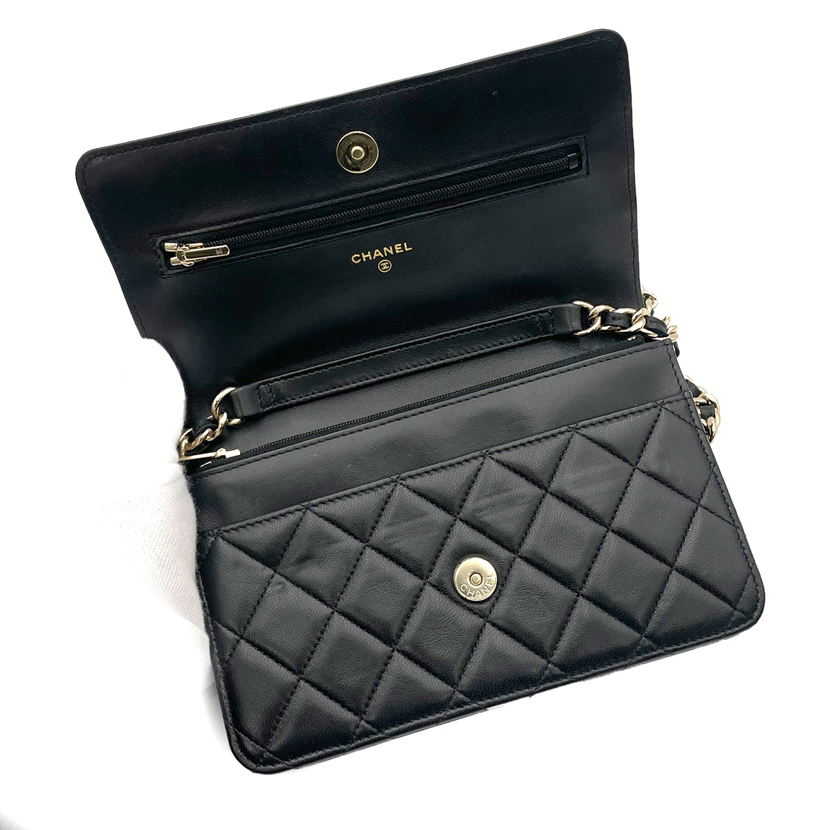 CHANEL ICON CHARM CHAIN WALLET SHOULDER BAG BLACK CALF SKIN 90264519