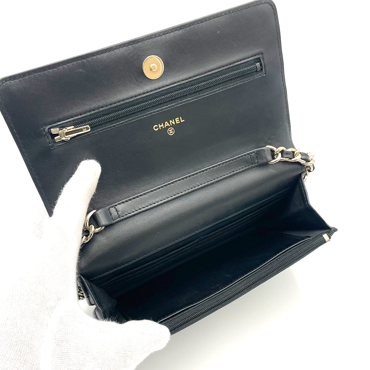 CHANEL ICON CHARM CHAIN WALLET SHOULDER BAG BLACK CALF SKIN 90264519
