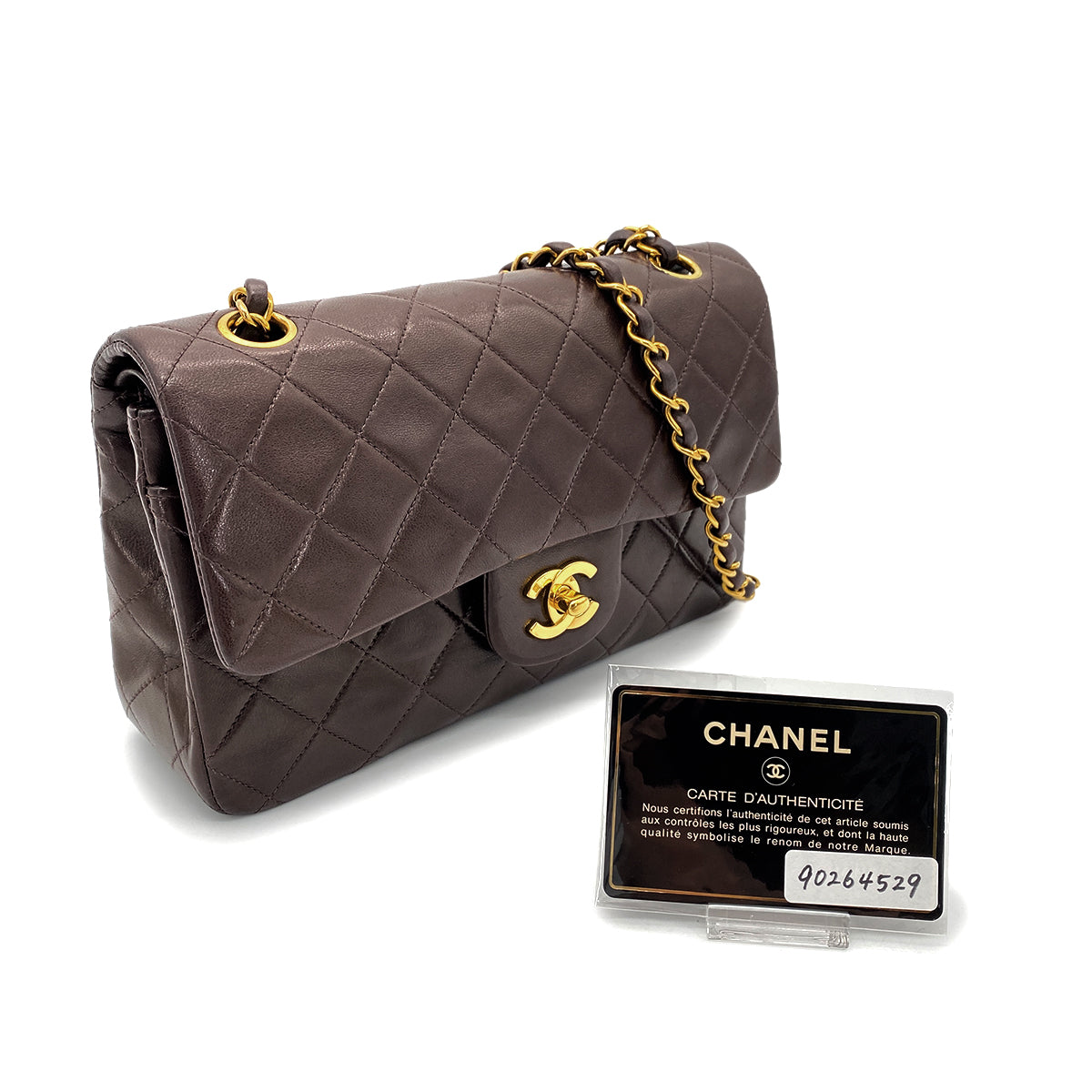 CHANEL VINTAGE CLASSIC FLAP SMALL CHAIN SHOULDER BAG BROWN LAMB SKIN 90264529
