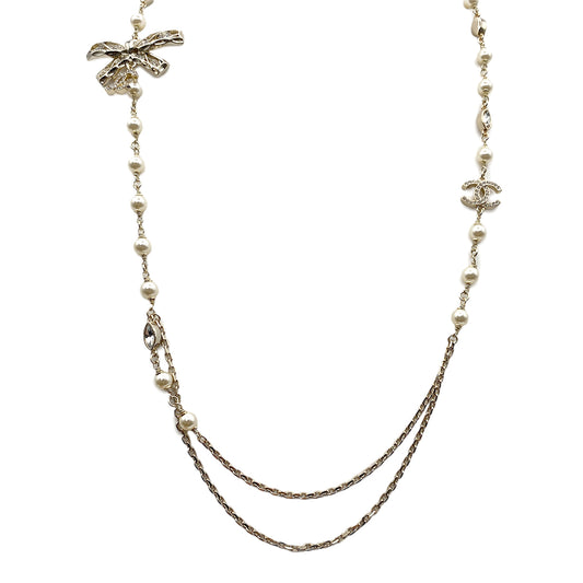 CHANEL NECKLACE COCOMARK FAUX PEARL RIBBON RHINESTONE ACCESSORY B24B 90264577